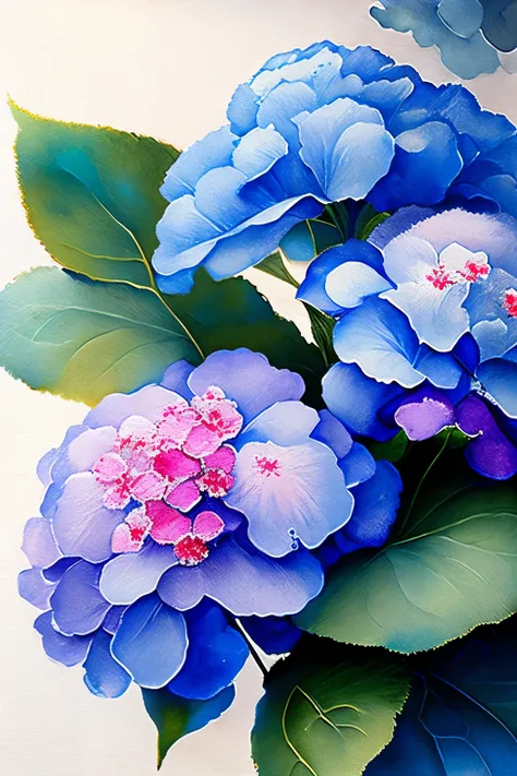 Japanese painting style, fusion of oil and watercolor, masterpiece, best quality, super fine, rain, light blue hydrangea, pink hydrangea, purple hydrangea