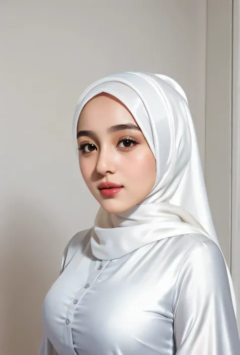 RAW photo of a 24 year old girl wearing hijab, ,satin white satin, hijab face portrait, neutral background, 8k uhd, dslr, soft lighting, high quality, film grain, Fujifilm XT3, covered dress, decent dress, big tits:1.5