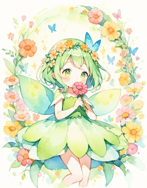 beautiful girl in a fairy costume, she becomes an idol and sings surrounded by flowers and butterflies.. holding a flower microp...