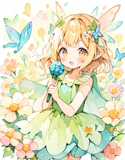 Beautiful girl in a fairy costume, She becomes an idol and sings surrounded by flowers and butterflies.. ((Holding a flower microphone)), sing, content:Watercolor. style:Whimsical and delicate, Like an illustration in a children&#39;s book.