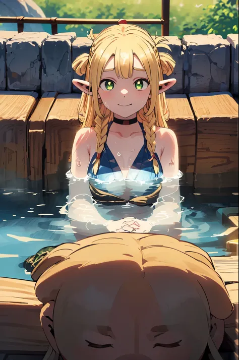 solo, happy face expression, shy expression, smiling, (wearing swimming bikini:1.35), (relaxing, swiming, Onsen, hot springs:1.5), comics,fantasia,marvel e DC, dmeshimarcil, choker, capele