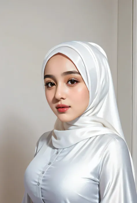 RAW photo of a 24 year old girl wearing hijab, ,satin white satin, hijab face portrait, neutral background, 8k uhd, dslr, soft lighting, high quality, film grain, Fujifilm XT3, covered dress, decent dress, big tits:1.5