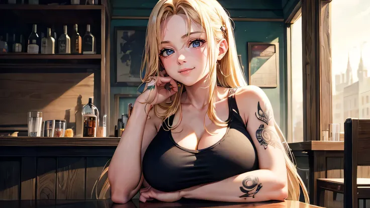 (oil, masterpiece, highest quality, Super detailed, Focus on the characters), woman,White tank top,Big Breasts,tattoo,A fawning smile,Blonde,Long Hair,Tattoo on arm,Detailed hair depiction,Detailed depiction down to the tips of the hair([return:0.8]|[ face...