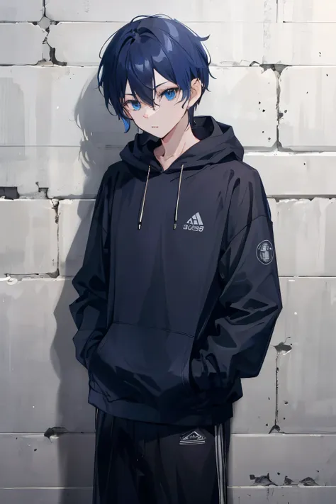 boy、♂、dark blue hair（dark）、handsome、cool、slit eyeash hair、
wearing a black hoodie、leaning against the wall、