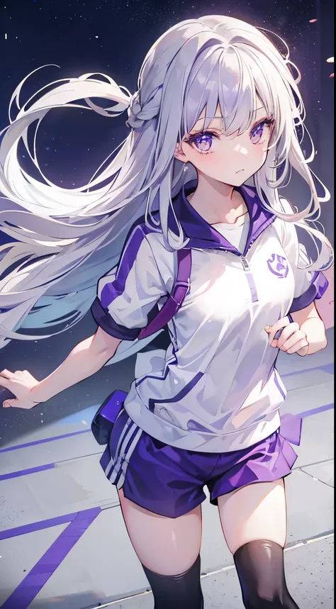 Highest quality,Girl,Silver Hair,Long Hair,Straight Hair,Purple Eyes,Teddy bear,Ground,Sportswear