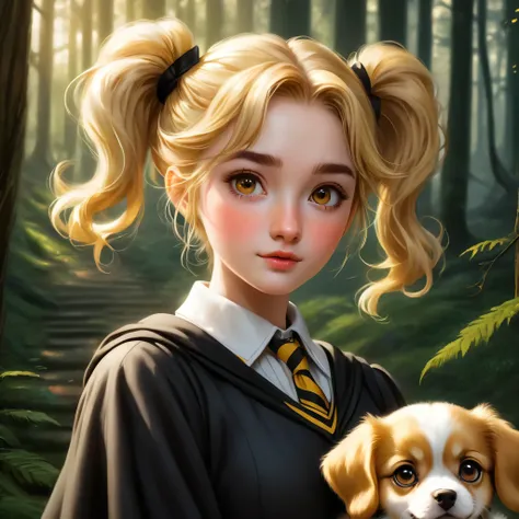 best quality, Masterpiece, Hogwarts students, Hufflepuff, Short hair with high twin tails., I have short, golden-blonde twin tails., serious, Very naughty, cute and bright, Freckles on the face, along with her adorable puppy, detailed brown eyes, detailed ...