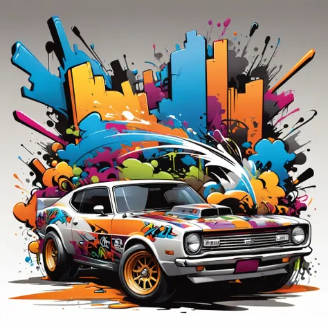 vector t-shirt art ready to print colorful graffiti illustration of racing a car, cute, action shot, vibrant color, punk, high detail, white background