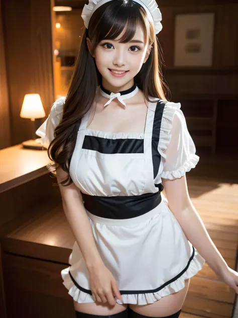 Delivering breakfast、masterpiece、One girl per photo、Thighs、stockings、Full Body Shot、Front view、Young and beautiful woman in Japan、Wearing a cute short-sleeved satin silver black maid outfit、With a big smile、White ruffled headband、White frilly apron、Black C...