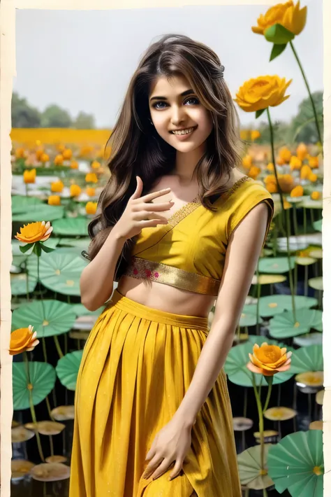 A 25 years old Indian lady in a vibrant red sharee adorned with intricate gold embroidery, delicate jasmine flowers tucked into her hair, graceful hand gestures expressing joy and elegance, standing beside a blooming garden filled with marigolds and lotus ...
