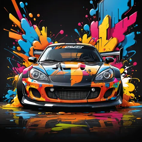 (best quality,4k,highres,masterpiece:1.2),ultra-detailed,vector t-shirt art,ready to print,colorful graffiti illustration,racing car,cute,action shot,vibrant color,punk,high detail,black background,concept artists,vivid colors,sharp focus,HDR,studio lighti...
