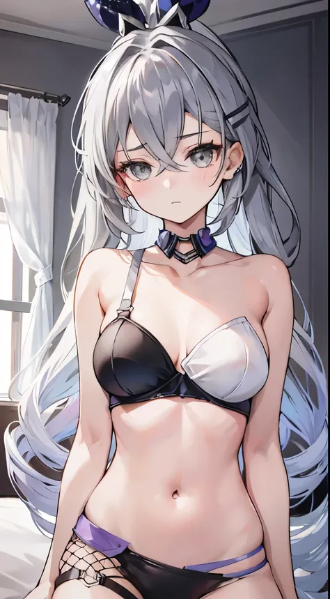 Highest quality,Girl,Silver Hair,Long Hair,Straight Hair,Grey Eyes,Bedroom,,bra