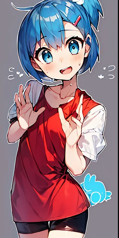 (One cartoon style girl character, ((short blue hair)), side block tail, hair clip, big blue eyes, laughing but with an impatient expression, sweating), BREAK (she is wearing (a red dress) over (a white shirt)), black pants, hands up near her chest in a po...