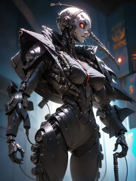 Topic prompt: "black, death scythe, hellish horror, view, torn clothes, looking down, illustrations, high resolution, ultra detail, dark fantasy, sharp focus, vibrant colors, dramatic lighting, bokeh." ". female robot pilot, mechanical creature, electronic...