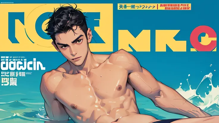 Handsome　Black hair cut　1 swimmer　Very small and tight cerulean blue speedo swimwear briefs for men　Upper body naked　Looking up from the feet　Magazine Cover　Magazine Cover　Swimming magazine cover