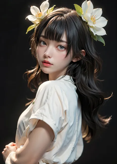 Psychedelic Flower World、Casual clothing、Long hair with bangs、One beautiful woman、Large light green eyes、Smooth Skin、Light eye makeup、Shiny, Ultra-realisticな顔、Light blue hair、Colorful gel background、Fractal Background、Perfect lighting、Sharp focus、High reso...