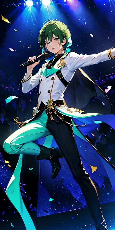 (Mastepiece), (Best Quality), Very detailed, ((1 boy)), Perfect Face, Beautiful Face, Very detailedな顔，((Mint-colored hair_short hair_Mint-colored eyes:1.3))，Male solo idol、Gorgeous idol costumes、Cape、boots、(pants:1.2)、(Hold the microphone)、stage、Concert Do...