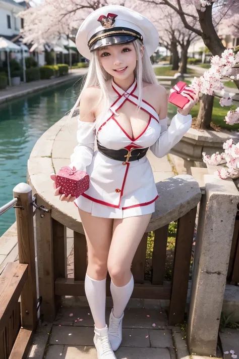 full body, vibrant colors, sexy girl, masterpiece, sharp focus, best quality, depth of field, cinematic lighting, (white captain outfit), hat, long hair, white hair, red eyes, laughing, smile, medium breasts, cherry blossom, outdoors, holding gift, giving ...