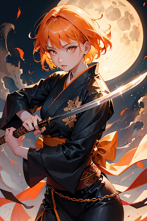 masterpiece, highest quality, so beautiful、Latest、A slender and cool girl, Orange Hair, short hair, Yellow Eyes、Shining Eyes、Beautiful eyes、An adult woman wearing a black kimono and holding a sword、Fighting Pose、Moonlit Night、Demon slayer、Face close-up