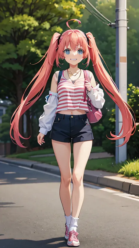 masterpiece, highest quality, High resolution,Anime Style、Characters from Tensura、Milim Platinum pink hair(Twin tails:1:20)(Ahoge:1:10)、blue eyes、About 10 years old、、Smile with your mouth closed、The double tooth shines、Red on the neck、white、A n...