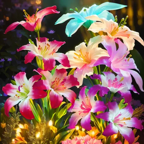 ((masterpiece, best quality))outdoor，Night view，Glowing lily，Transparent petals，Bright Lights，The petals have a clear texture，Close-up of flowers，blue，pink，red，Purple，，Background greenery，Small flower embellishment，Lens depth of field，Sense of space，Photog...