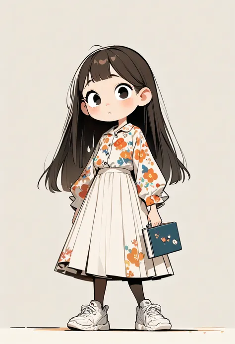 (artwork, best quality: 1.2), cartoon character design, 1 young girl holding a book, alone, big eyes, cute expression, long straight hair, floral shirt, midi circle skirt, white sneakers, standing ，interesting，interesting，Clean lines