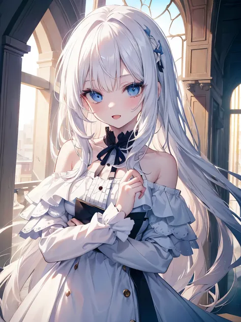 Masutepiece, Highest Quality, (Perfect face:1.1), (high detailing:1.1), (ultradetailed eyes), Dramatic,superfine illustration,Extremely detailed,1girl in,teenager,(pale skin),long white hair,Ethereal eyes,Blue eyes, With eyes highlights,with heart-shaped e...