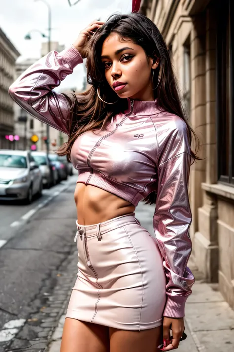 Foto hiper-realista de uma linda adolescente de pele morena. She had long pink acrylic nails, holding a stack of money in one hand, and a dazzling pink ear-length old-school phone in the other hand. She has eyelashes and lip gloss. She is wearing a pink le...