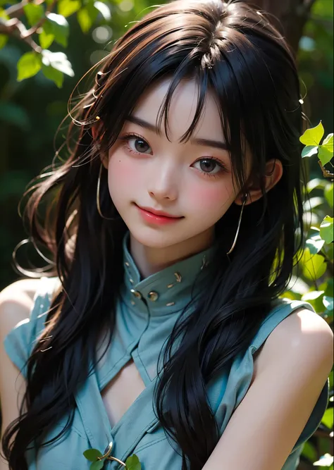 Cute women photos real、A woman in a heart-shaped hole in an ivy leaf wrapped around a thick tree、smile、Medium Aquamarine色のシャツに短パン、Slim body、Long hair with bangs、A small light shines in the hole.、in the forest、Sharp images、High color reproducibility、Attenti...