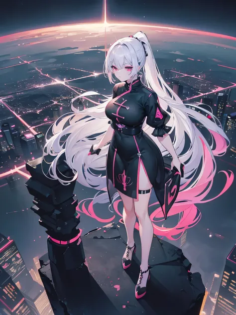 anime, (artwork, best quality, ultra-detailed, high contrast), 1 woman brasilian (Alone, full body, plus size body, standing on the edge of the skyscraper, silver hair, LONG In a ponytail, red eyes, perfect eyes ruby sparkles, (simple black qipao, black cy...