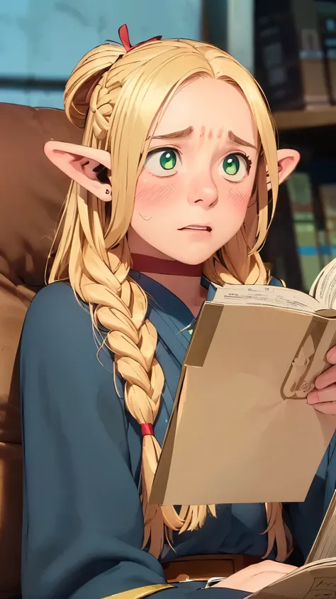 solo, (embarrassment, confused expression, blush, shy face expresiion:1.35), (reading action, reading book:1.5), comics,fantasia,marvel e DC, library, book shelves, dungeon background, dmeshimarcil, choker, belt, capele
