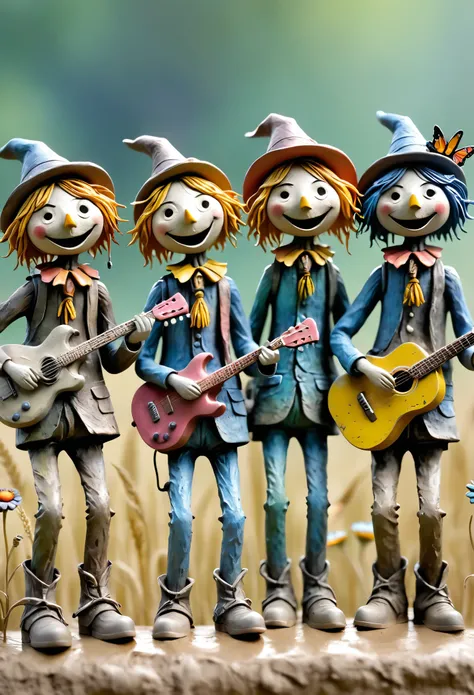 (best quality:1.2),ultra-light Clay, Clay, Pottery,  distressed, dirty, mineral pigments, 3D Clay sculpture art, Clay sculpture, Rough surface, (artwork，A band of scarecrows singing in the field。Holding the microphone，Guitar，saxophone，Long legs，Interesting...