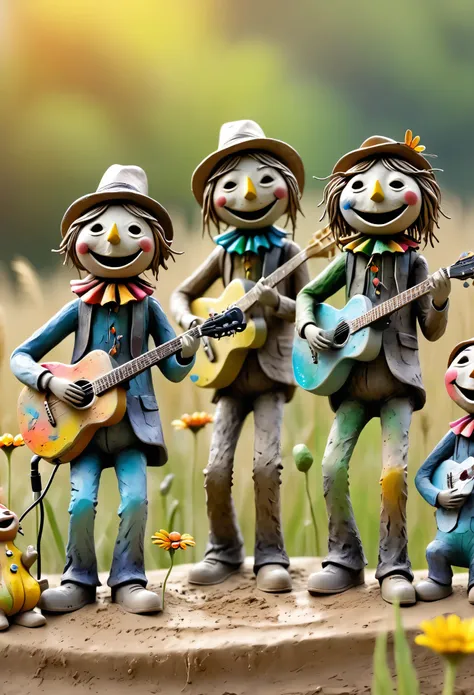 (best quality:1.2),ultra-light Clay, Clay, Pottery, distressed, dirty, mineral pigments, 3D Clay sculpture art, Clay sculpture, Rough surface, (artwork,A band of scarecrows singing in the field。Holding the microphone,Guitar,saxophone,Long legs,Interesting...