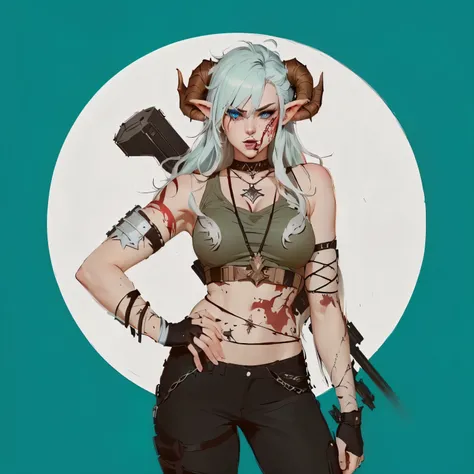 a cartoon of a woman with horns and blood on her body, sage ( valorant ), valkyrie style character, as a d & d character, trigger anime artstyle, as a dnd character, valorant character, tiefling, girl design lush horns, an edgy teen assassin, tank girl, 2 ...