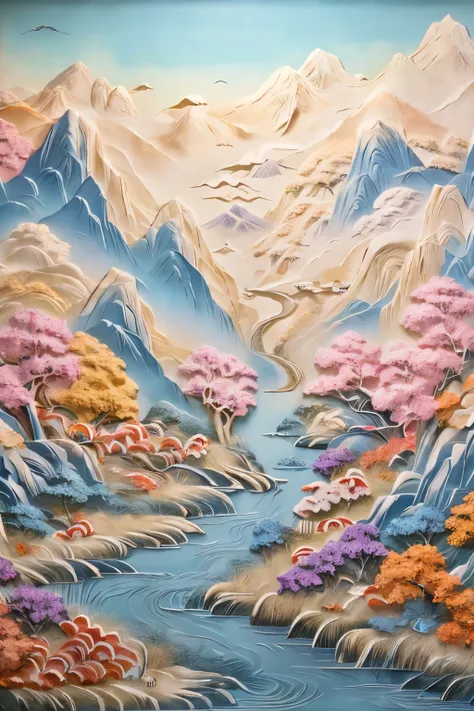 a painting of a mountain scene with tree,baretree,battle,cloud,day,dragon,fantasy,flock,ice,landscape,lightning,mountain,mountai...