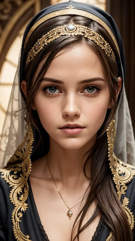 In this captivating head and shoulder portrait, Emma Watson and Jenna Ortega is depicted as a seductive nun with a rebellious spirit. Her alluring expression and provocative pose exude a sensuality that contrasts strikingly with the religious purity repres...