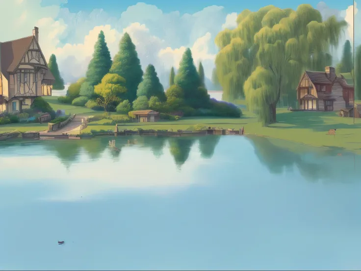 The painting shows a house and a pond，There is a bridge in the foreground, Lake Background, background technologywork, Park Background, Disney style scenery, Fairy tale style background, background technology, beautiful Lake Background, Detailed scenery —w...