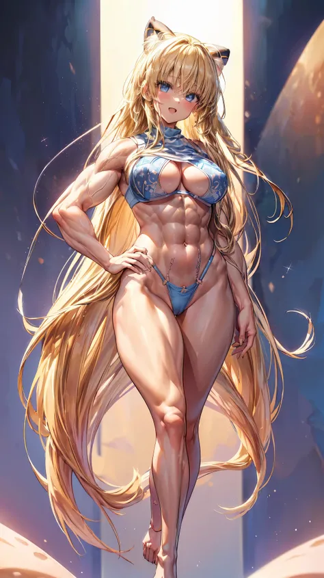 Very detailed、highest quality、Best image quality、masterpiece、8k、Anime Face、A kind smile、(Open your mouth:1.3)、Sparkling blue eyes、(Blonde semi-long hair:1.5)、(Muscles of the whole body:1.3)、(highleg:2.0)、Thigh belt、(Cowboy Shot:1.5)、(SFW Giant)、(Thick body...