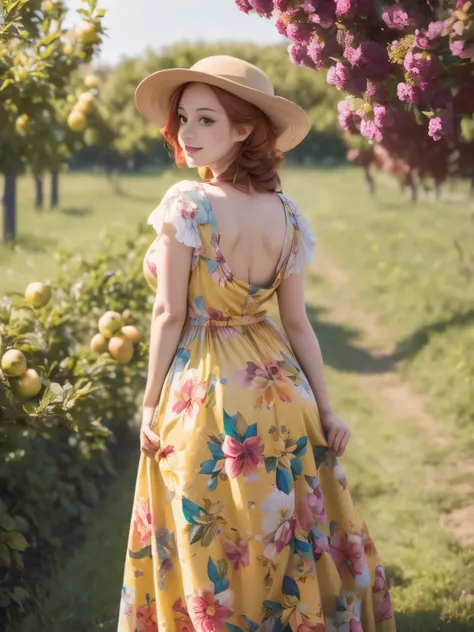 arafed woman in a floral dress and yellow hat standing in an apple orchard, standing in an apple orchard, wearing a french beret, port 8 0 0 ", inspired by Elsa Beskow, picking apples from a tree, an oversized beret, by Zofia Stryjenska, with curly red hai...