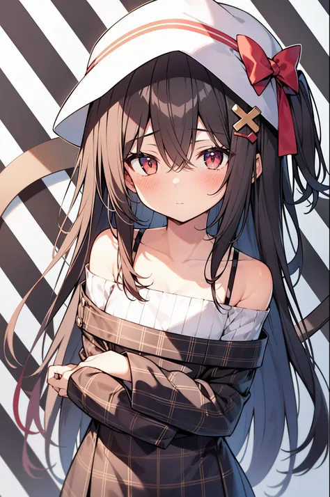 1girl, solo, rating:safe, argyle, long_hair, checkered, argyle_background, plaid_background, brown_hair, hair_ornament, blush, checkered_background, eyebrows_visible_through_hair, red_eyes, bangs, bow, collarbone, closed_mouth, looking_at_viewer, ribbon, h...