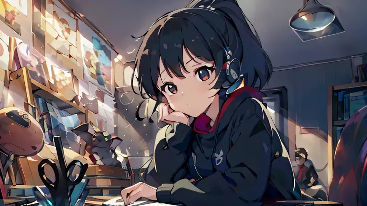 (best quality:0.8), (best quality:0.8), perfect anime illustration, high resolution, black-haired girl wearing a black hoodie, turned sideways, relaxed, working, focused, everyday life, inside a room.