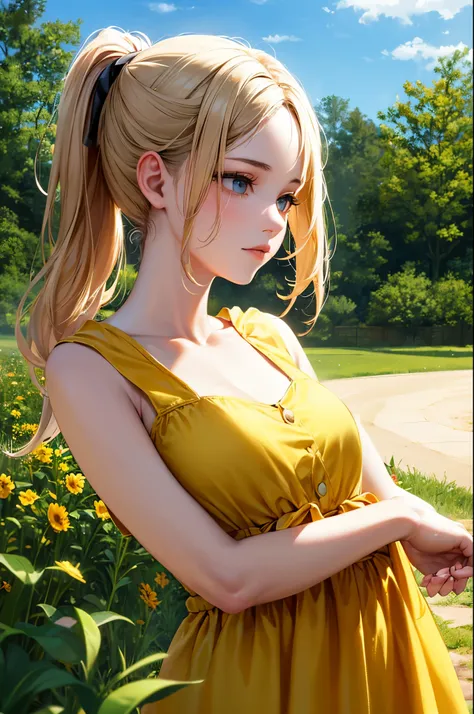 photoRealistic,Realistic, alone, photoRealistic, highest quality, Ultra-high resolution, One girl,, , Blonde hair in a ponytail, Wearing a yellow sundress, A gentle breeze blowing through the grass,, , One girl,, beautiful, masterpiece, highest quality, Hi...