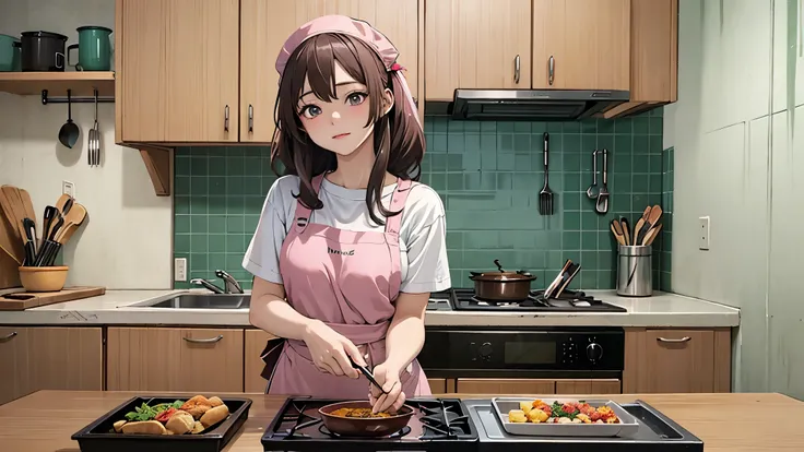 kitchenで料理をしているアニメの女の子, 昼間のkitchen, anime style 4k, girl in pink apron, kitchen, anime art wallpaper 4k, anime art wallpaper 4k,...