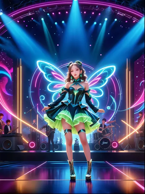 (vision:1.8)，1girl, concert，(audience:1.5), (idol stage:1.5)，1 beautiful young female idol, wearing futuristic costumes, (((micr...