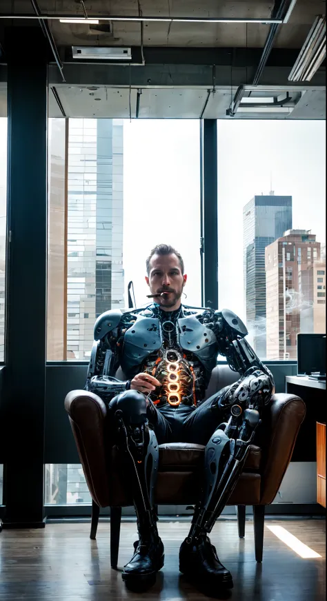 office in a skyscraper in a big city, a cyborg man sits in a luxurious chair and holds a smoking cigar in his hand, high quality...