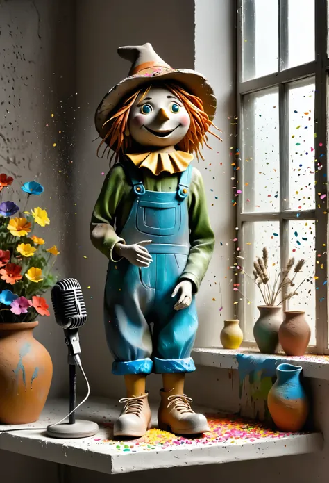 (best quality:1.2),ultra-light Clay, Clay, Pottery, distressed, dirty, mineral pigments, 3D Clay sculpture art, Clay sculpture, Rough surface, (artwork,There are several singing scarecrows standing on the windowsill。microphone,Long legs,Interesting concep...