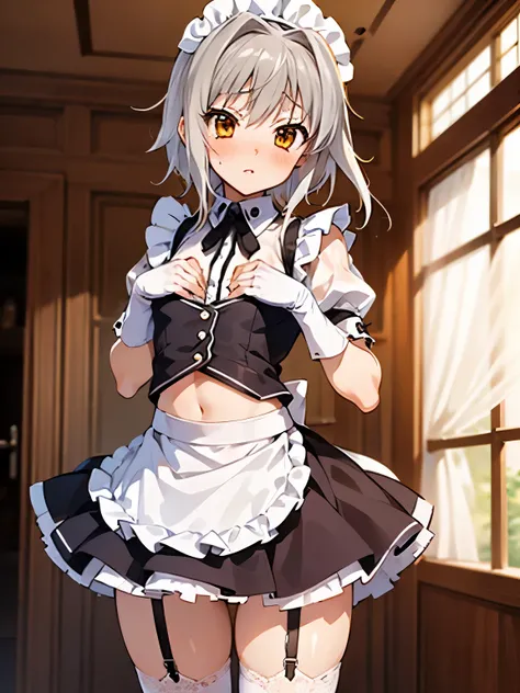 NSFW,koneko toujou (dxd),Gray Hair,short hair,(Maid clothes:1.2),(cropped:1.5),Micro Mini Skirt,garter belt,Embarrassed,blush,(Estrus:1.3),(Perfect hands),(Perfect Anatomy),(masterpiece),(highest quality),Coffee shop,One man