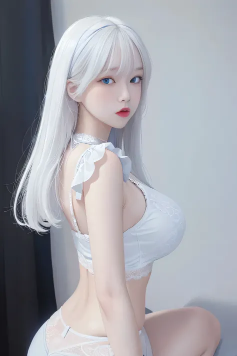 photorealistic, high resolution, 1 girl, white hair, korean, blue eyes, white sexy lace shirt, lace skimpy tight black shorts, thick thighs, lace crop top sexy