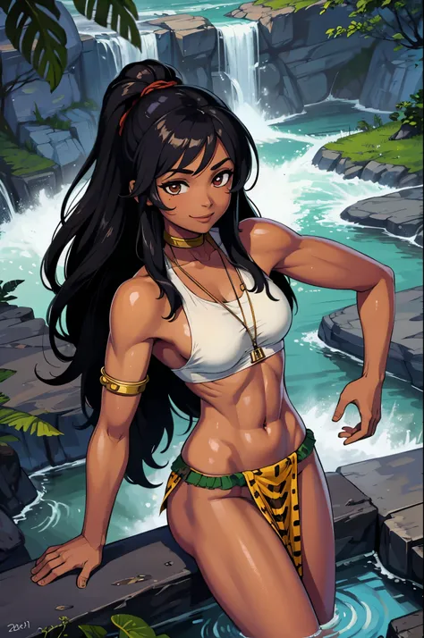 score_9, score_8_up, score_7_up, 32k, (masterpiece, best quality:1.2), aka6, 1girl, solo, ebony skin, deep jungle, in jungle, black hair, long hair, smile, closed mouth, small breasts, tribal, native, indigenious, loincloth, bone jewelry, bathing, in river...