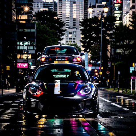 crir imagem de gt3 rs super modificado fazendo drift em alta velocidade a noite chuva montanhas ao fundo luzes ao redor/ 4k / leds ao redor / proporcao desktop

