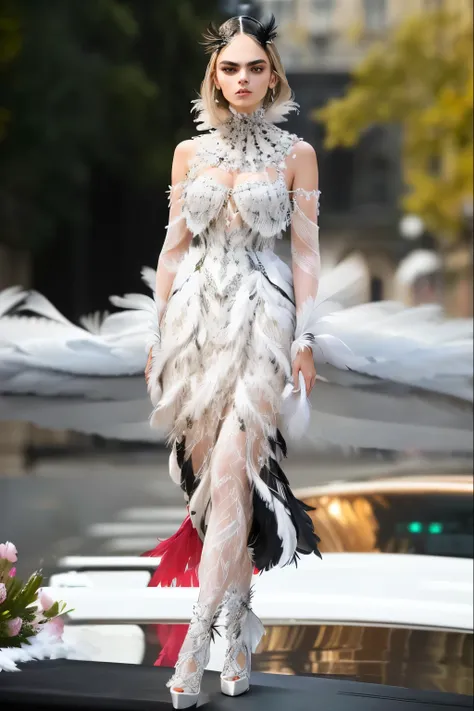 a woman in a black dress and a white feathered dress, dress made of feathers, wearing a feather dress, cara delevingne standing, full body made of white feathers, marie - gabrielle capet style, high fashion haute couture, modern maximalist fashion dress, m...